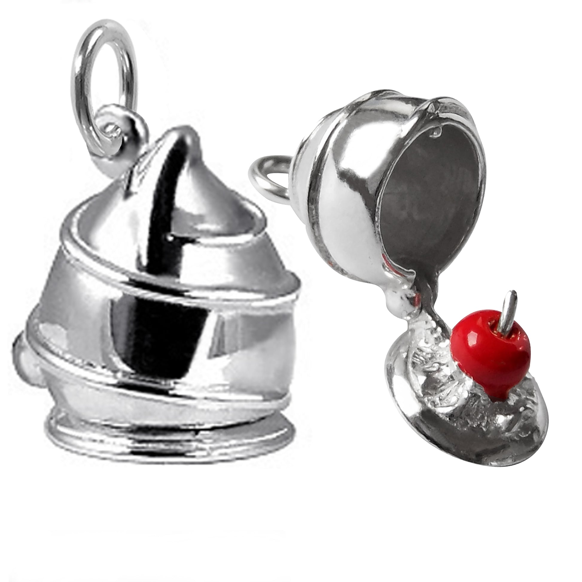 silver cherry liqueur chocolate charm open with red enamel cherry on white background