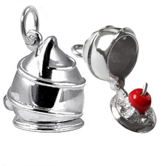 silver cherry liqueur chocolate charm open with red enamel cherry on white background