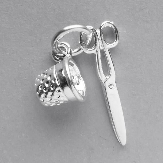 Thimble and scissors needlework charm sterling silver or gold pendant