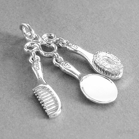 Sterling Silver or Gold Brush Comb Mirror Vanity Set Charm Pendant