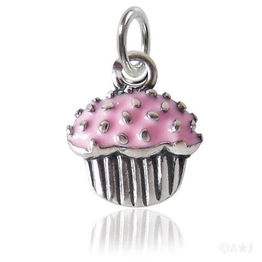 Iced cupcake muffin charm sterling silver pink enamel