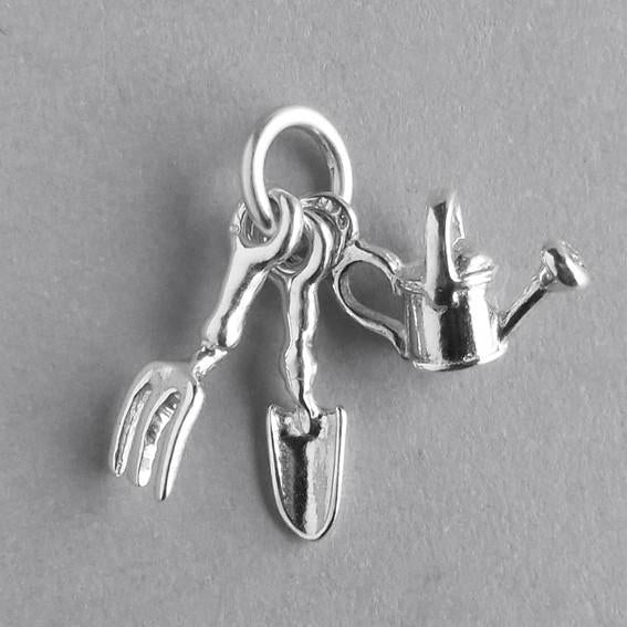 Gardening tools watering can trowel and fork charm sterling silver or gold