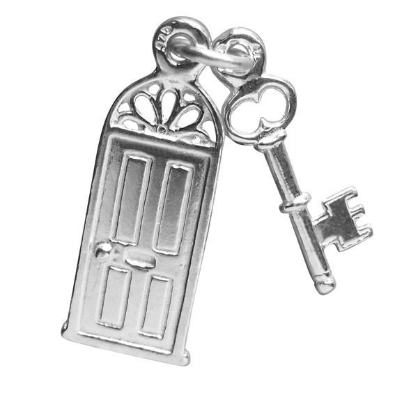 Front Door and Key Charm Sterling Silver or Gold Pendant