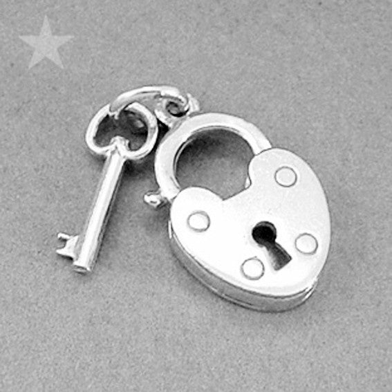 Padlock and Key Charm Pendant in Sterling Silver or Gold