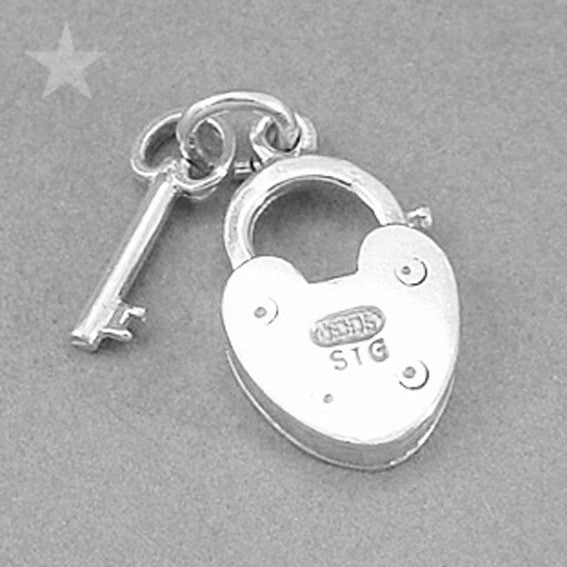Padlock and Key Charm in Sterling Silver or Gold