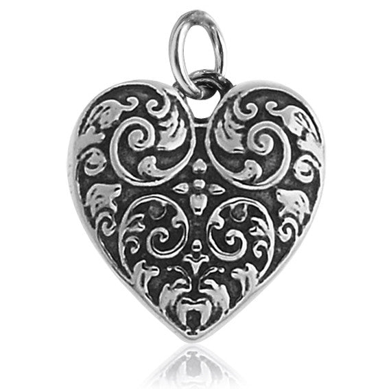 Ornate Heart Charm Pendant in Sterling Silver