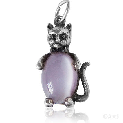 Vintage sterling silver and purple glass cat charm pendant