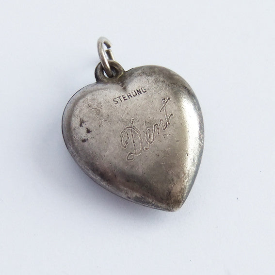 Vintage puffy heart bird charm sterling silver pendant