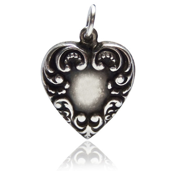 Sterling silver vintage ornate puffy heart charm pendant