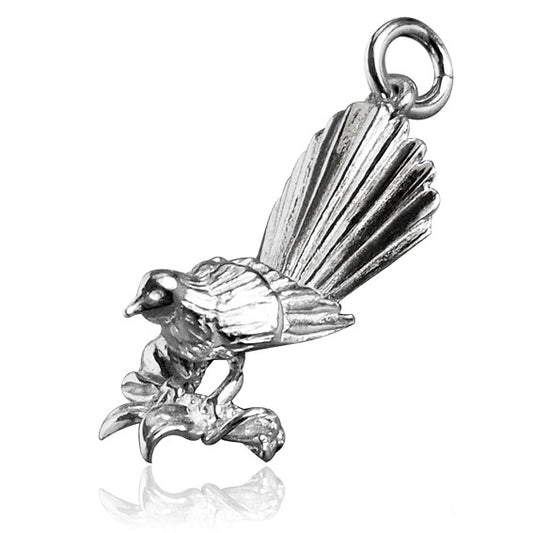 silver fantail bird charm on a white background