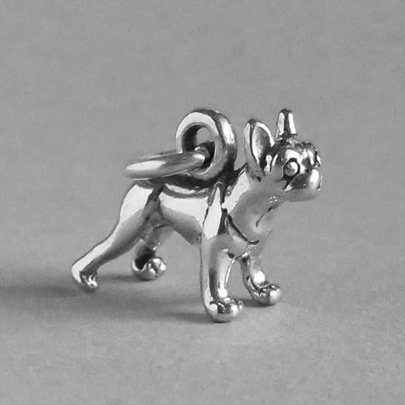 silver miniature Boston Terrier Dog Charm on a grey background