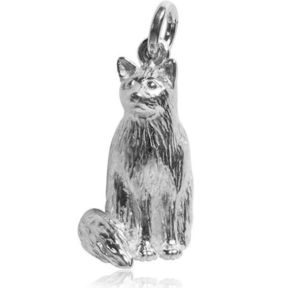 A sitting silver Birman cat charm on a white background.