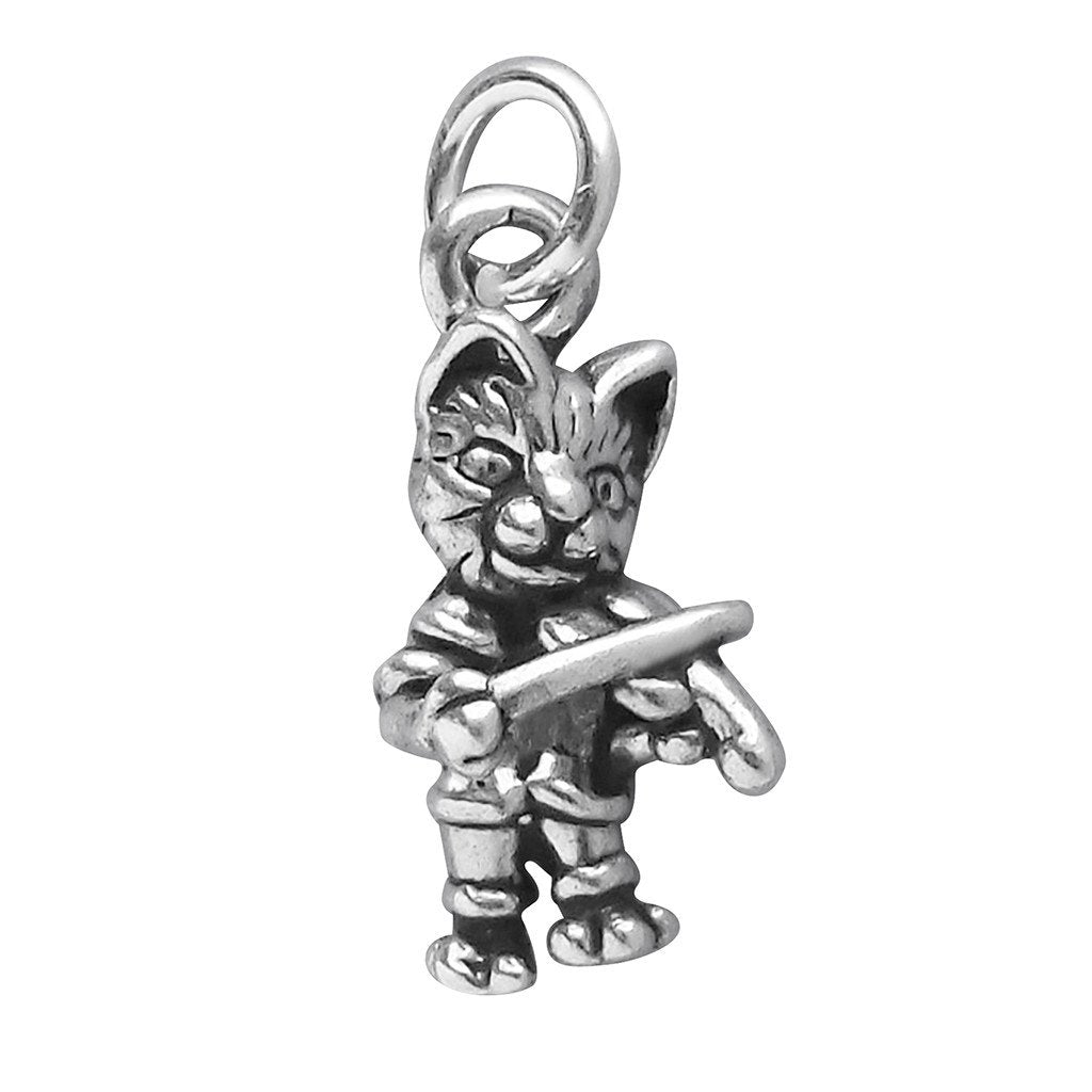 silver cat and fiddle charm on white background