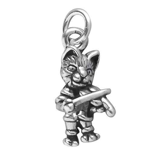 silver cat and fiddle charm on white background