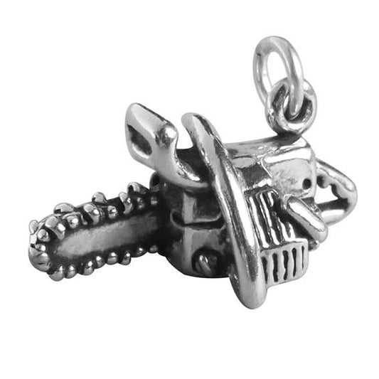 silver chainsaw charm on a white background
