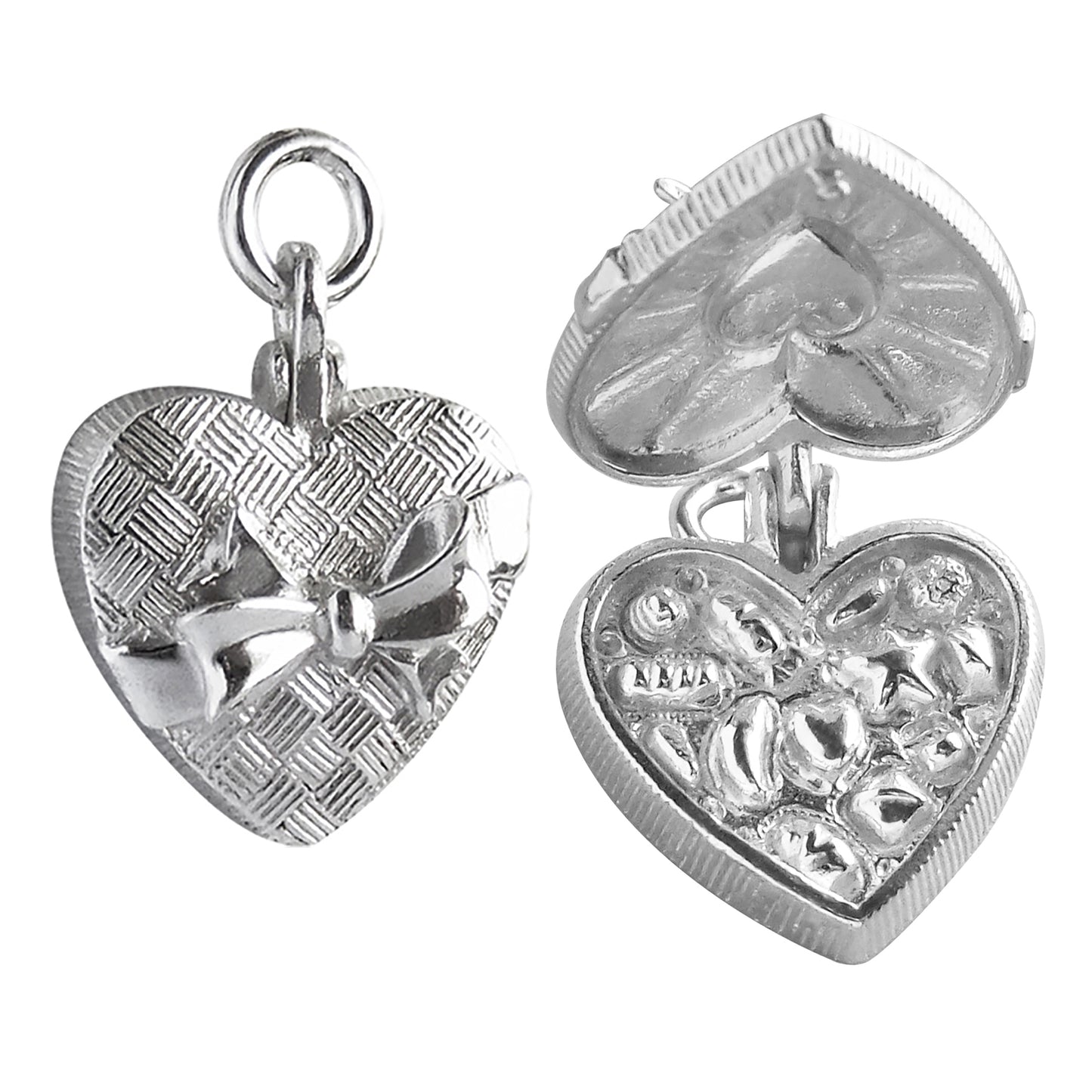 silver heart shaped chocolate box charm on a white background