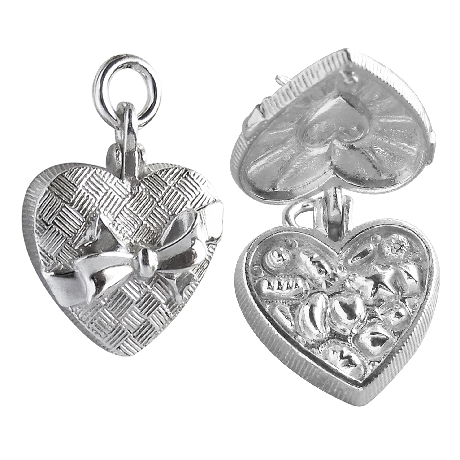 silver heart shaped chocolate box charm on a white background