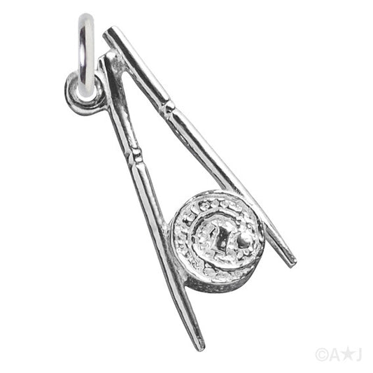 silver chopsticks and sushi charm on white background