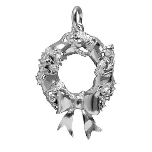 silver christmas wreath charm on white background