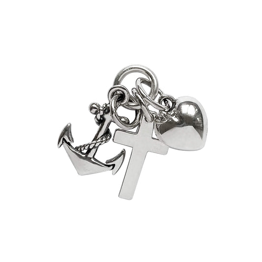 silver faith hope charity charm on white background
