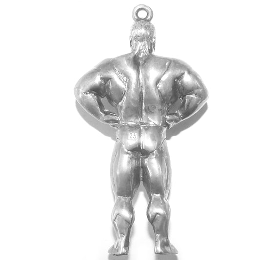 silver muscle man pendant viewed from the back on a white background