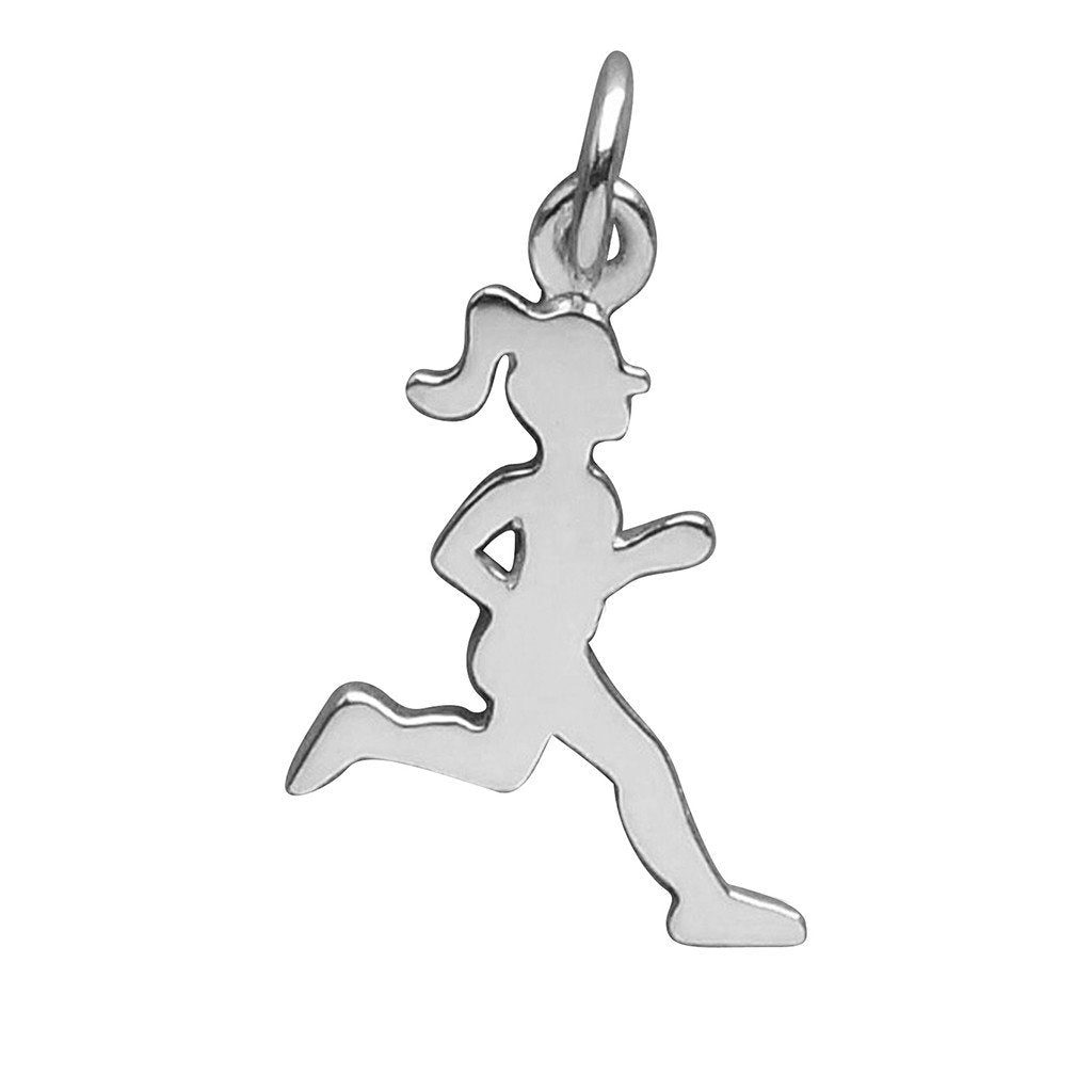 silver running girl charm on white background