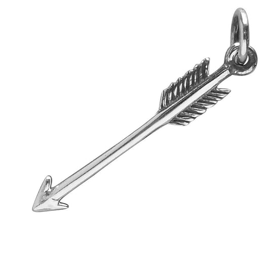 a sterling silver arrow charm on a white background