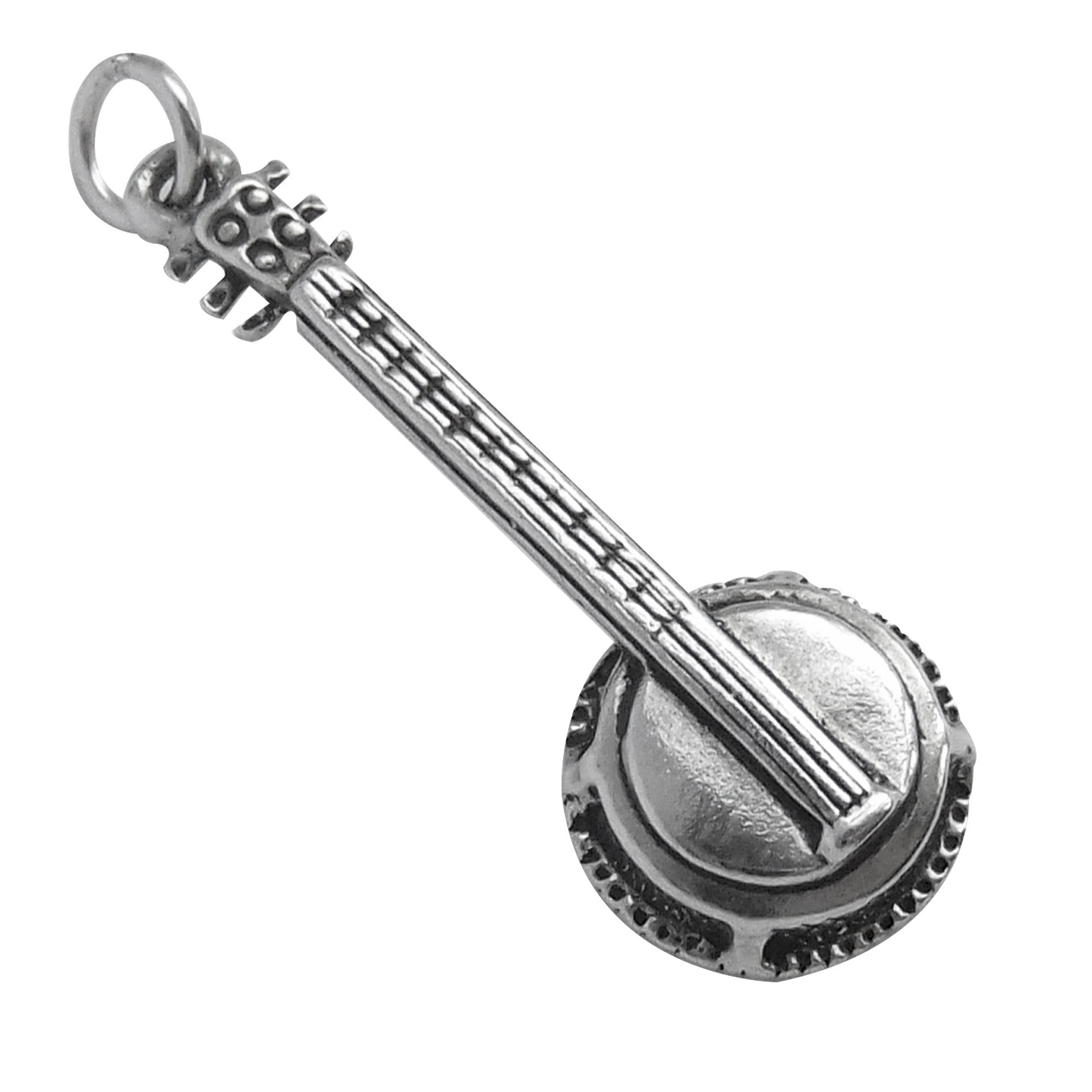 sterling silver banjo guitar charm on white background