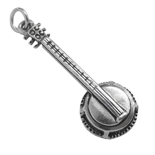 sterling silver banjo guitar charm on white background