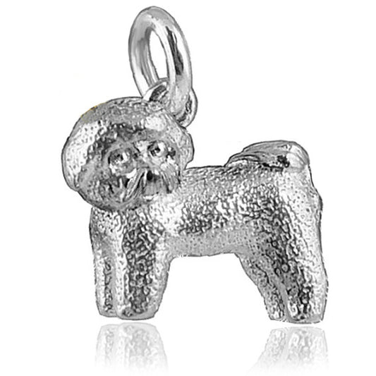 silver bichon frise dog charm on white background