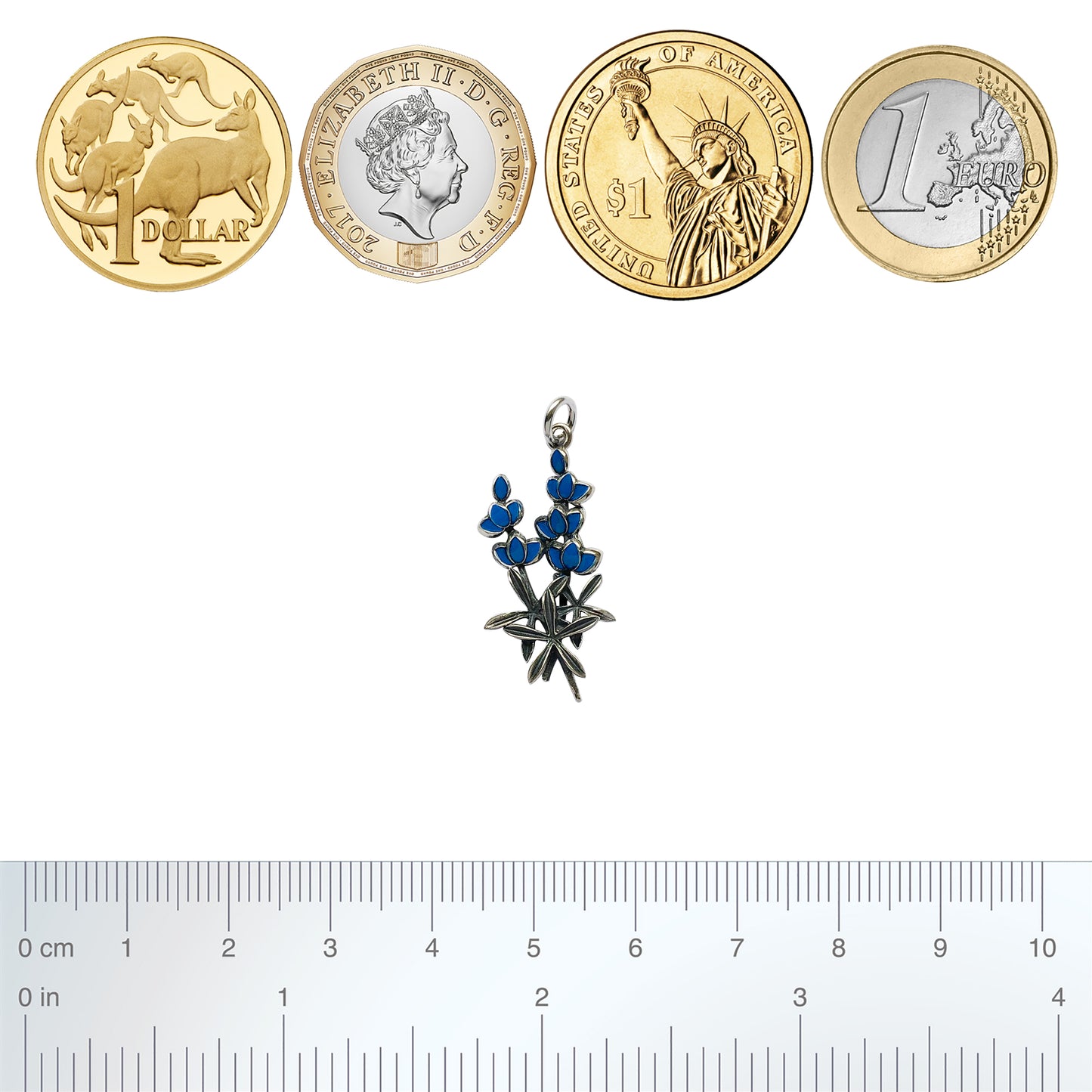 bluebonnet flowers charm with coins and ruler for scale