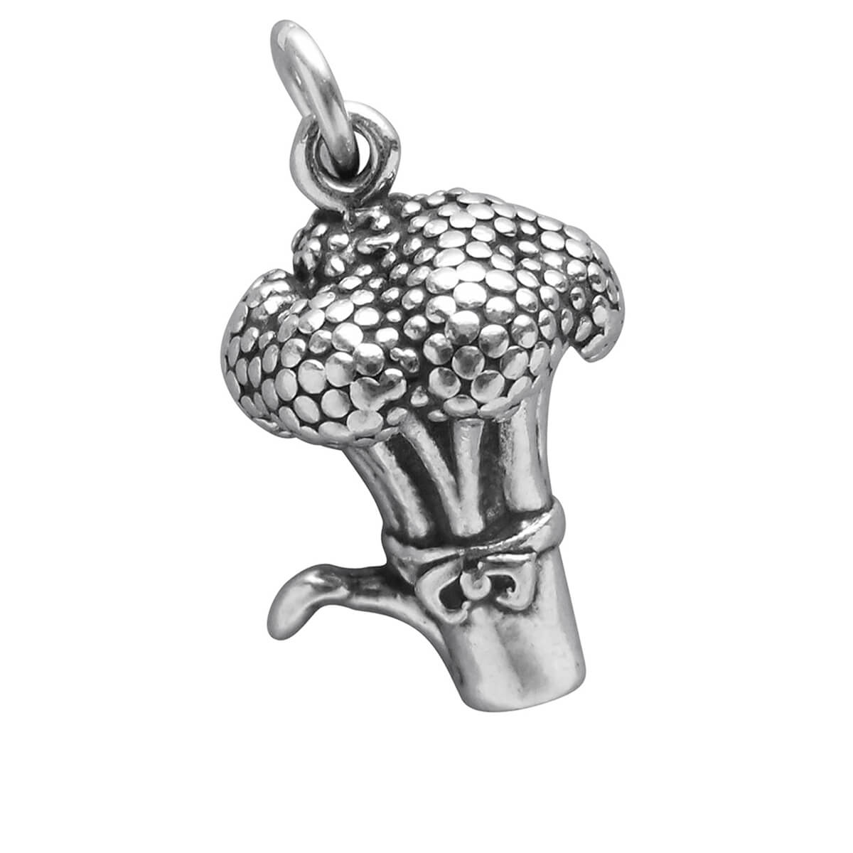 Sterling silver broccoli charm on white background