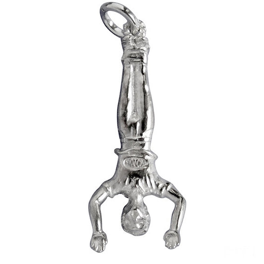 A silver hanging bungee jumper Charm on a white background