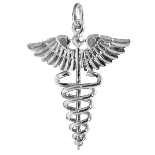 silver caduceus symbol charm on a white background