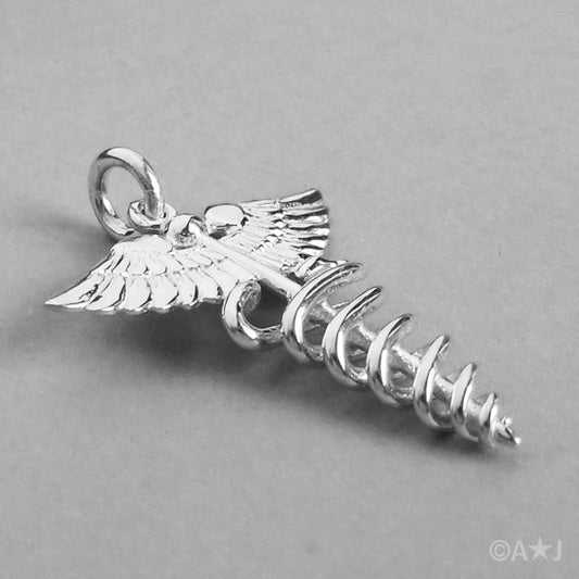 silver caduceus symbol charm on a grey background