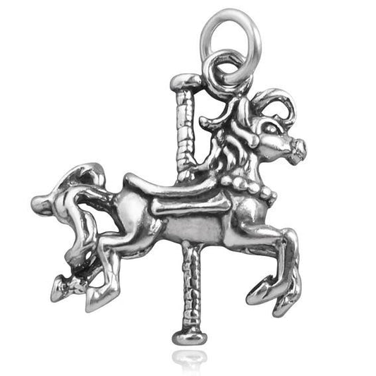 silver carousel horse charm on white background
