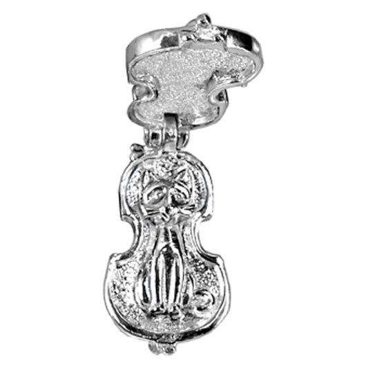 silver fiddle charm open to cat on a white background