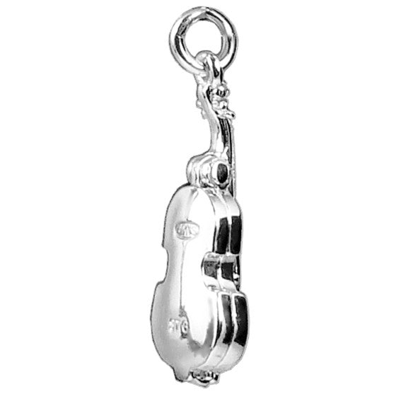 silver violin charm seen from side on a white background