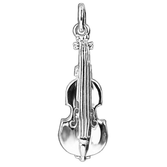 silver violin charm on a white background