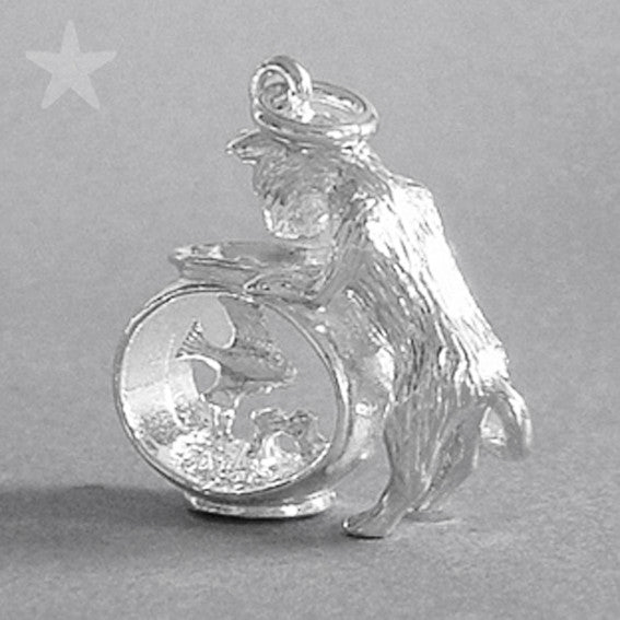 silver cat and fish bowl charm on a grey background