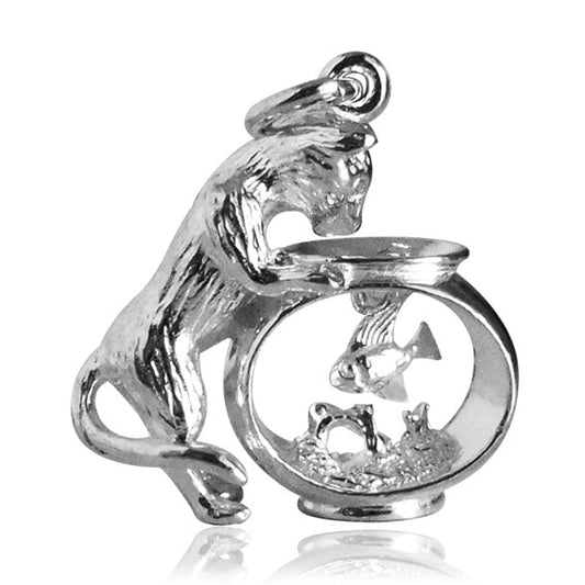 silver cat and fish bowl charm on a white background
