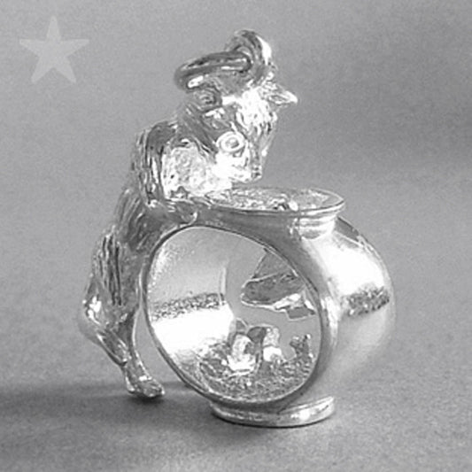 silver cat and fish bowl charm on a grey background