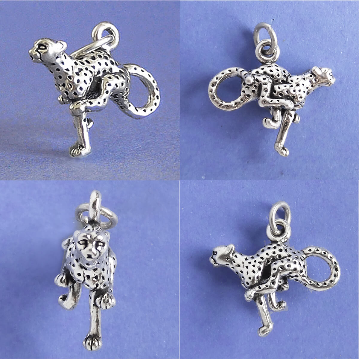 silver cheetah charm seen from four angles on purple background