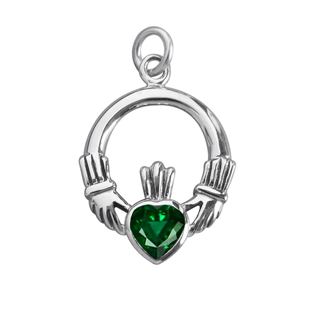 Sterling silver claddagh charm with green crystal on white background