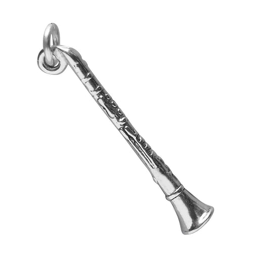 Sterling silver clarinet charm on white background