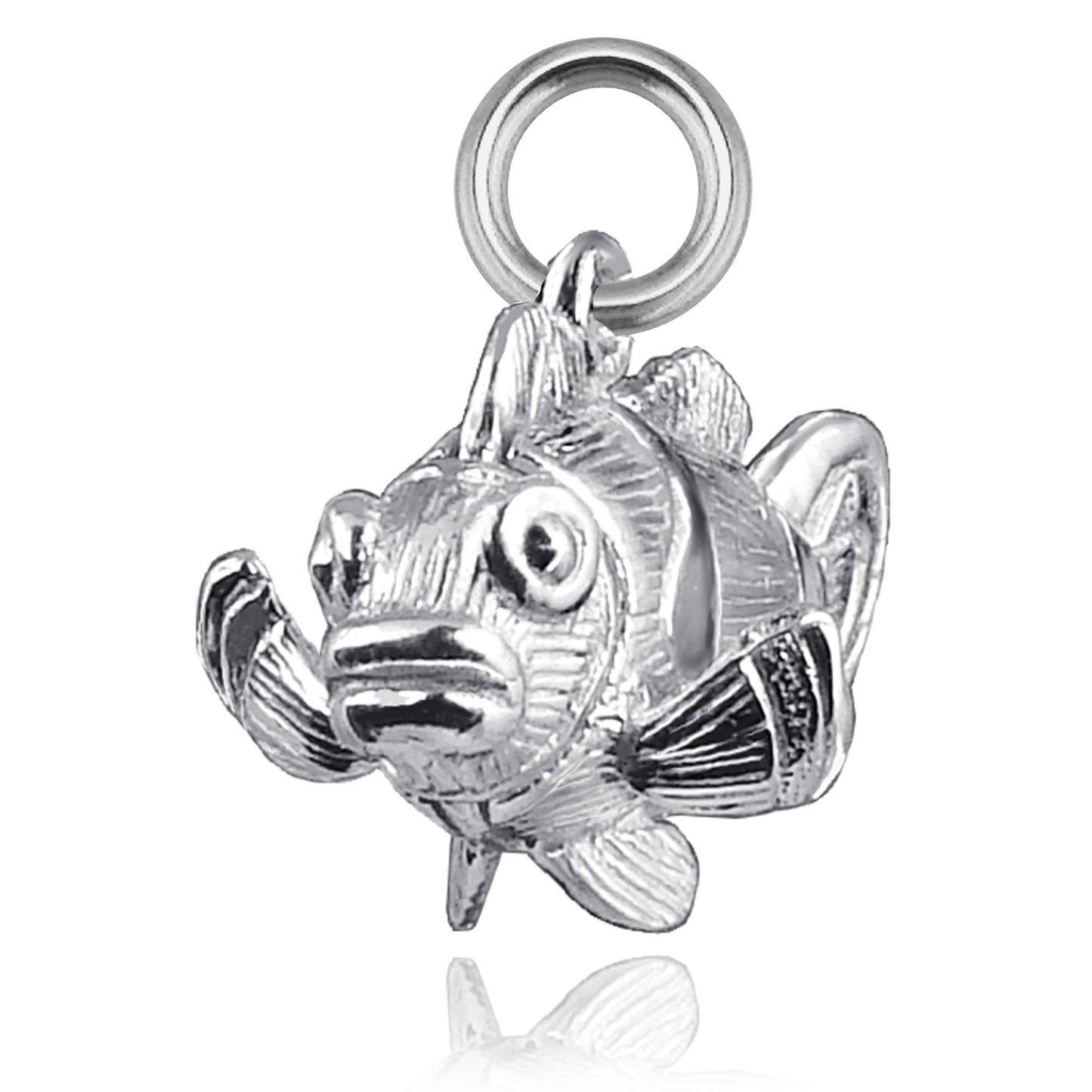 Sterling silver clownfish charm on white background