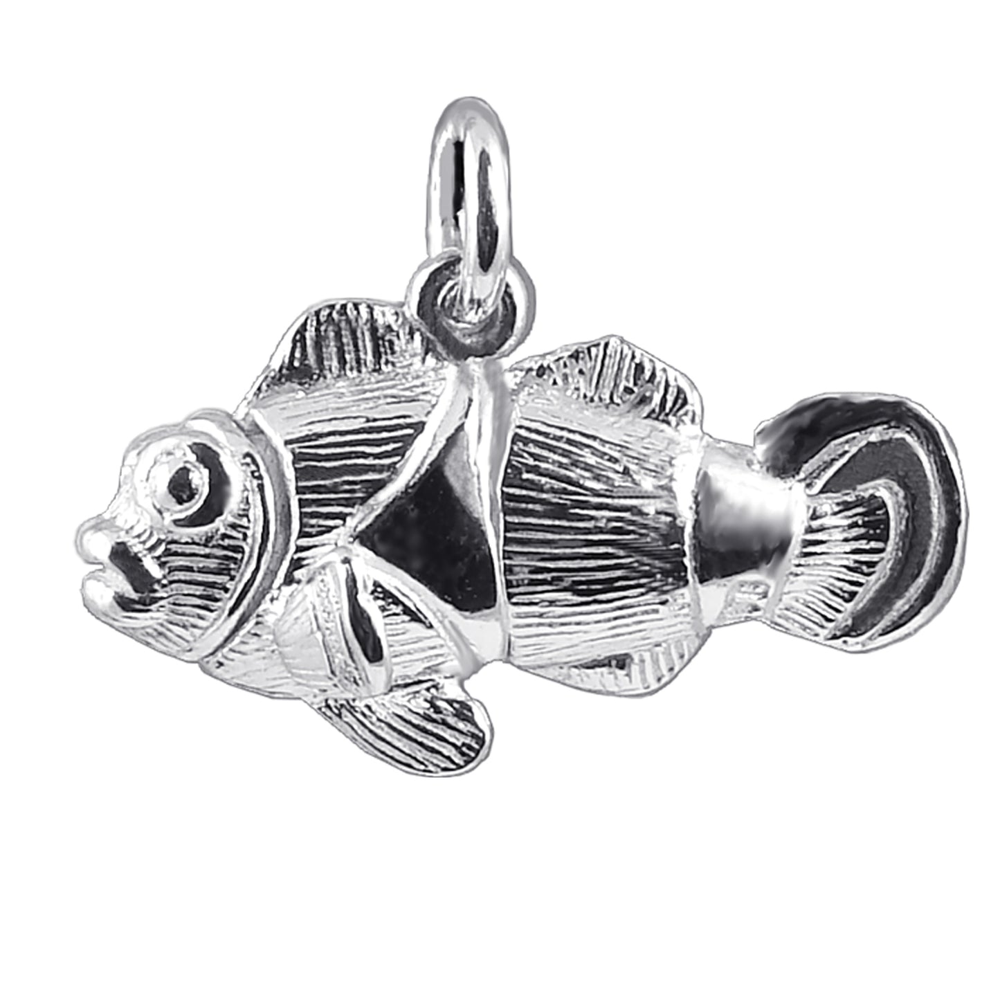 Sterling silver clownfish charm on white background