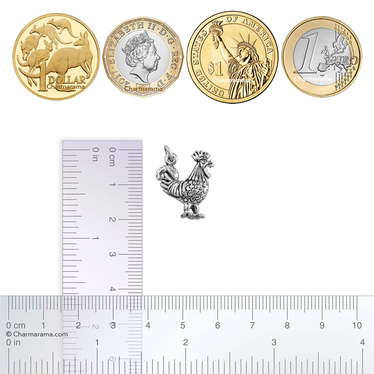 silver rooster charm with coins and ruler for scale