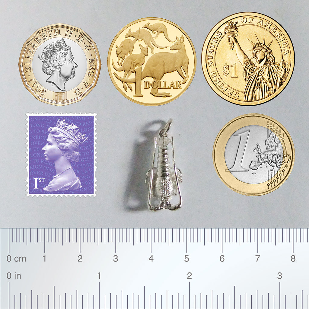 silver crayfish charm with coins stamp and ruler for scale on a grey background