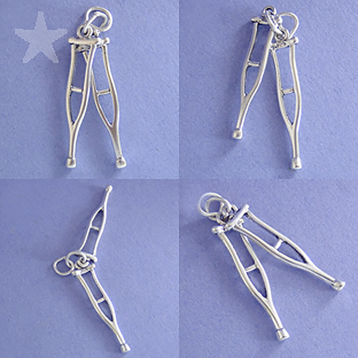 Sterling silver crutches charm seen from four angles on a purple background